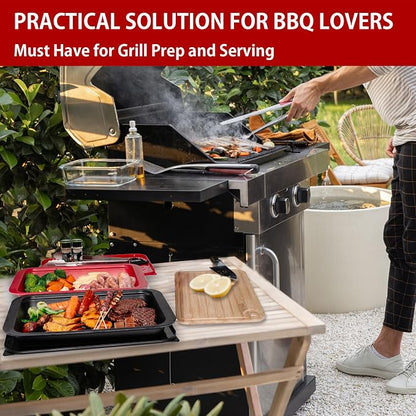 Deep Grill Carry System with Lids, Cutting Board, Tong, Gift Ready BBQ Carry Tray for Prepping, Marinating and Serving, Diswasher Safe, Nesting Platters Black in Red