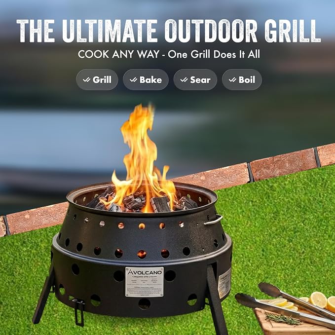 Volcano 2 Collapsible Grill Bundle, Portable Charcoal/Wood Grill Stove with Burner Ring Accessory, Folding Steel Camp Cooker, Carry Case Included for Camping, Tailgating & Outdoor Cooking
