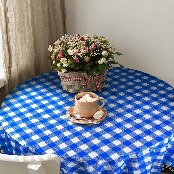 Disposable Checkered Tablecloth Round Plastic Buffalo Plaid Table Cloth 84'' Gingham Tablecover for Picnic Camping BBQ Graduation Party (Blue and White, 3 Pieces)