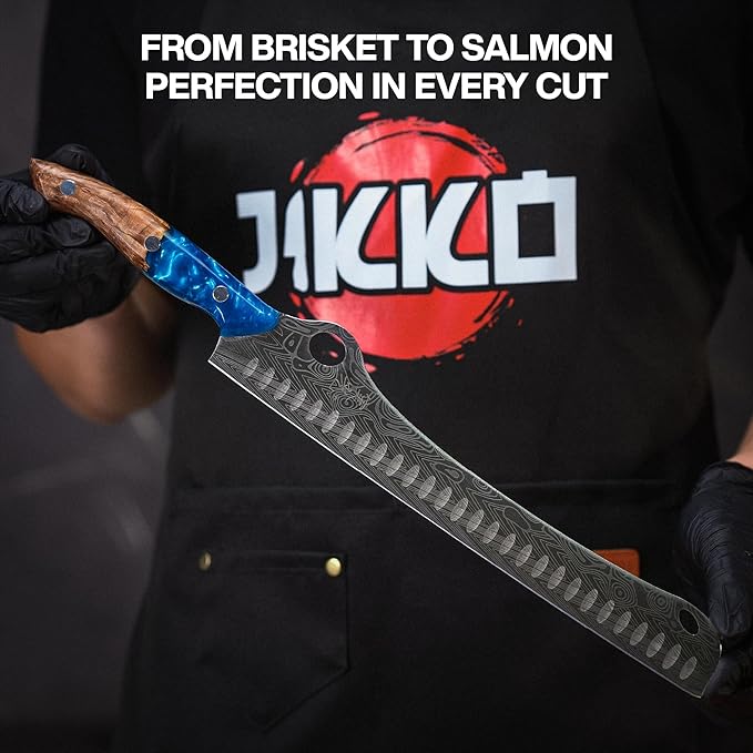 Jikko® SteelFang Edition – Japanese Brisket & Fillet Knife Set with Olive Wood & Blue Epoxy Resin Handles | Premium Butcher & Carving Knives for Meat, BBQ & Fish – Ultra Sharp Stainless Steel Blades