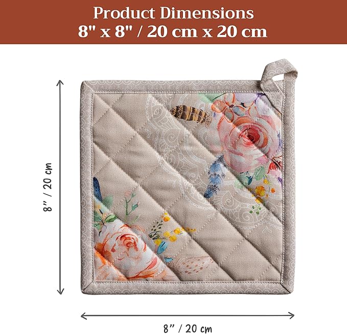 Maison d' Hermine Pot Holders 100% Cotton Heat Resistant Potholders 8" x 8" Hot Pads with Loop BBQ Cooking Baking Hotel Farmhouse Kitchen Handling Hot Pans Spring Summer (Pack of 1, Ibiza - Beige)