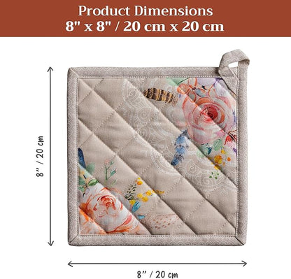 Maison d' Hermine Pot Holders 100% Cotton Heat Resistant Potholders 8" x 8" Hot Pads with Loop BBQ Cooking Baking Hotel Farmhouse Kitchen Handling Hot Pans Spring Summer (Pack of 1, Ibiza - Beige)