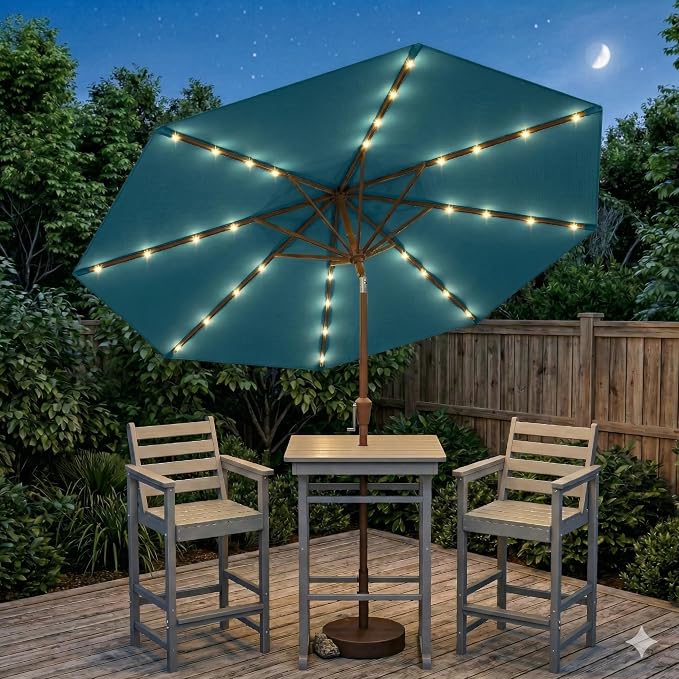 10FT Solar Lighted Patio Umbrella, Outdoor Table Market Umbrellas with Push Button Tilt and Crank, 32 LED Lights, 8 Sturdy Ribs, UV-Resistant for Deck, Garden, Pool
