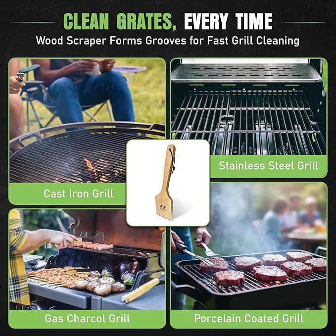 All-Natural Wooden Grill Scraper Tool 18" | Bristle-Free Grill Cleaner for Outdoor Grill | Eco-Friendly BBQ Cleaning Tool for Safe Grate Care