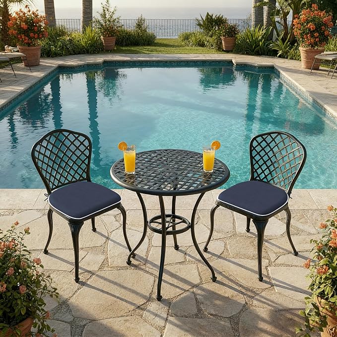 DYTXIII Set of 2 Outdoor Chair Cushions with Ties,Water Repellent Patio Chair Pads 17"x 16" for Outdoor Furniture,Round Corner Seat Cushions for Garden Yard Kitchen Textured Navy