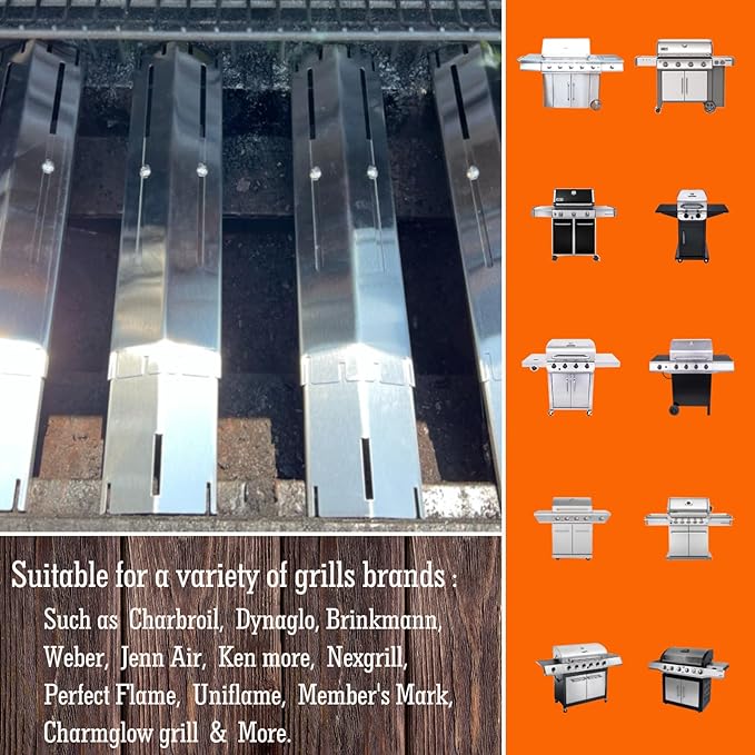 Upgraded Universal Adjustable Stainless Steel Grill Parts, Heat Plate Shield, Flavorizer Bar, Heat Tent, Burner Cover, Flame Tamer Replacement For Gas Grill, Extends from 11.75" up to 21" L（5 Pcs）