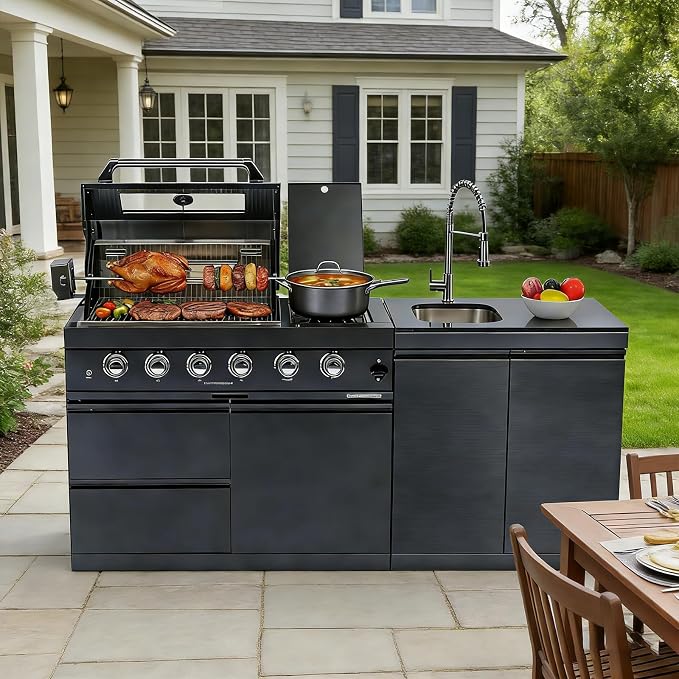 79" Rolling Outdoor Kitchen Island with Built-In 4-Burner 72,000 BTU Stainless Steel Propane Grill & Rotisserie Oven, Featuring Granite Countertops and Stainless Steel Sink.(Black + Sink, Propane Gas)