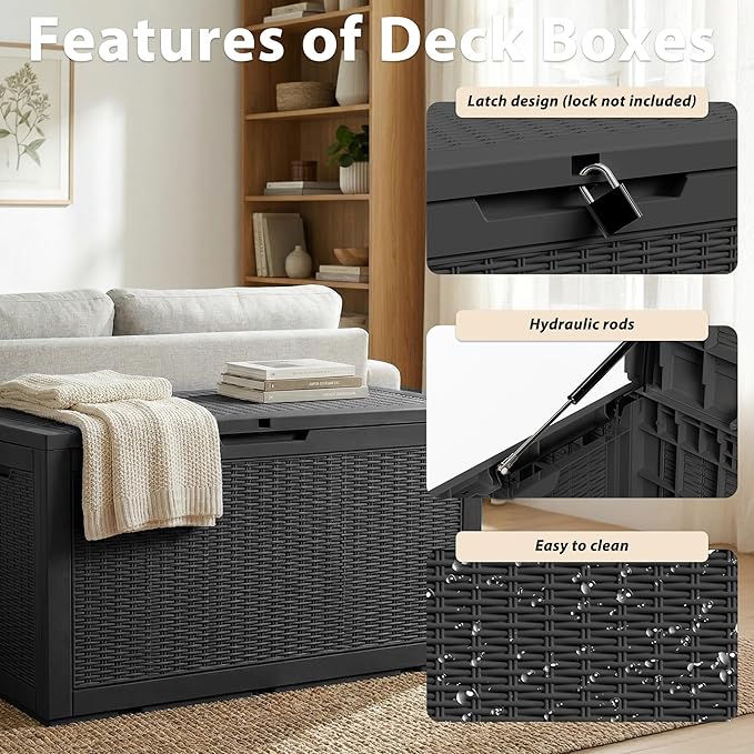 Waterproof Outdoor Storage Box, 125 Gallon Lockable Deck Box, UV-Resistant Outside Storage Bin with Hydraulic Lid for Patio Furniture, Cushion Organizer, Garden Tool, Pool Accessories, Black