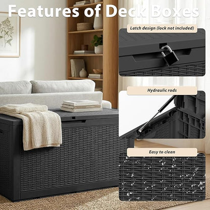Waterproof Outdoor Storage Box, 125 Gallon Lockable Deck Box, UV-Resistant Outside Storage Bin with Hydraulic Lid for Patio Furniture, Cushion Organizer, Garden Tool, Pool Accessories, Black