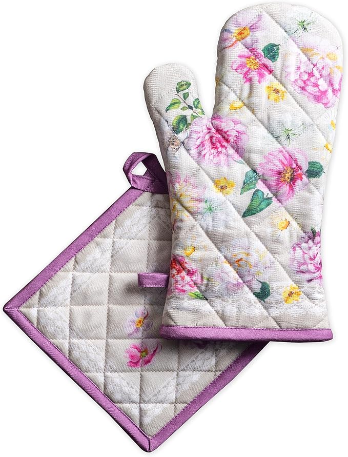 Maison d' Hermine 100% Cotton Oven Mitt & Pot Holder Set (7.5"x13" & 8"x8") Heat Resistant BBQ Cooking Gloves with Loop Baking Grilling Kitchen Hotel Home Farmhouse Spring Summer (Pivoine)