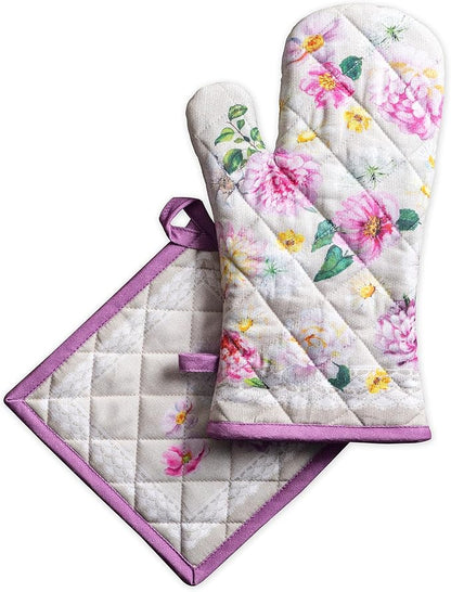 Maison d' Hermine 100% Cotton Oven Mitt & Pot Holder Set (7.5"x13" & 8"x8") Heat Resistant BBQ Cooking Gloves with Loop Baking Grilling Kitchen Hotel Home Farmhouse Spring Summer (Pivoine)