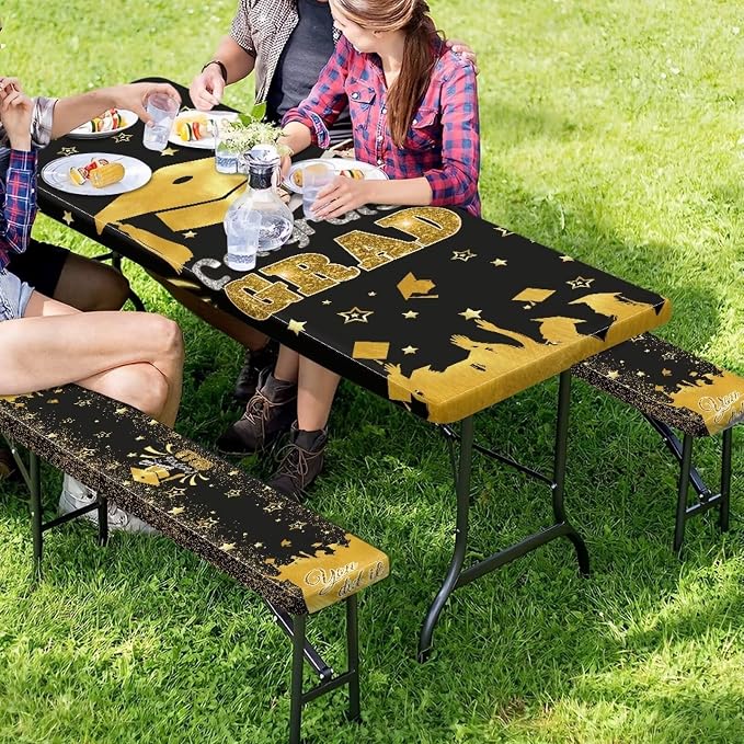 Graduation Decorations Class of 2025 Tablecloth - 3 Pcs Elastic Congrats Grad Table Cloth for Graduation Party Decorations