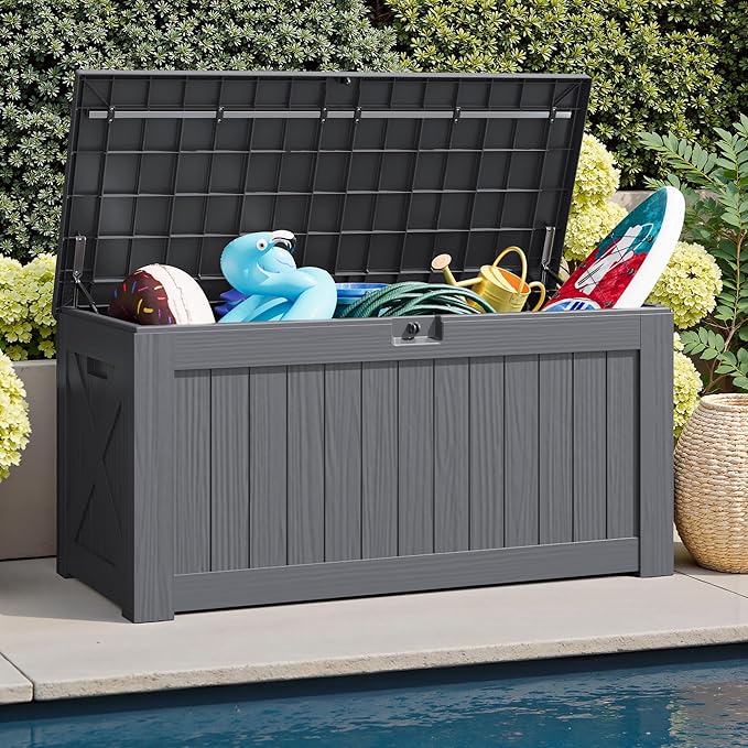 JUMMICO 120 Gallon Resin Deck Box, Large Outdoor Storage Box Waterproof & Lockable for Garden, Patio, Pools (Gray)