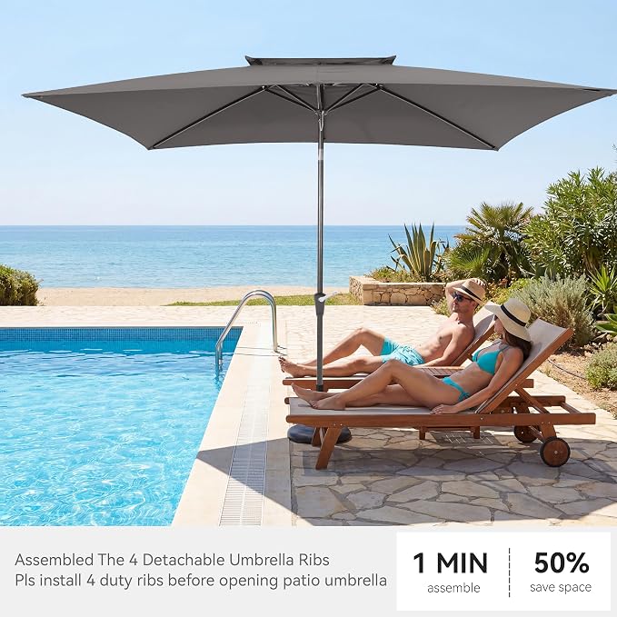 6.6 x 10 ft Rectangular Patio Umbrella, Outdoor Market Table Umbrella with Push Button Tilt and Crank, Double-Tier Vent, 6 Ribs, Rectangle Patio Umbrella for Backyard, Deck, Pool, Fits 4–6 Chairs and Tables (Grey)