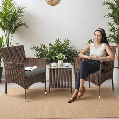 Greesum 3 Pieces Patio Dining PE Rattan Wicker Chair Furniture Set with Cushion and Glass Coffee Table for Outdoor Garden Backyard Poolside, Brown and Grey