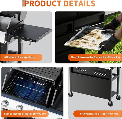 Garvee 5 Burner Propane Gas Grill Griddle Combo with Porcelain Enamel Cast Iron Grate & Cast Iron Pan – Dual BBQ Grill with Flat Top Griddle, 40,000 BTU Large Outdoor Gas Grill for Backyard Kitchen