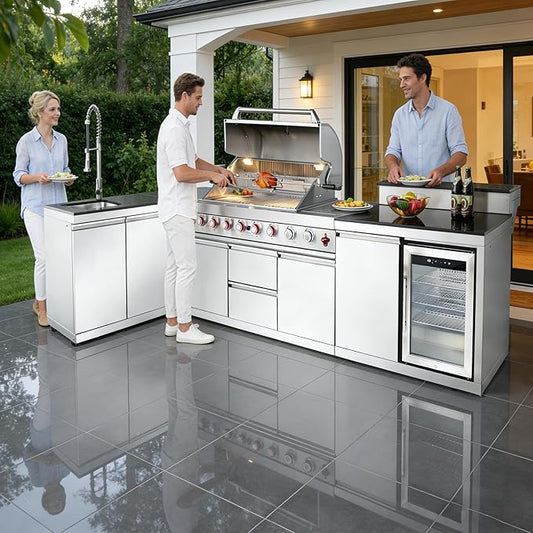 96" Modular Outdoor Kitchen Island with Side Burner, 6-Burner 95,500 BTU Propane BBQ Island, Refrigerator, Bar Counter, Integrated Sink & 3-Tier Corner Cabinet, Silver
