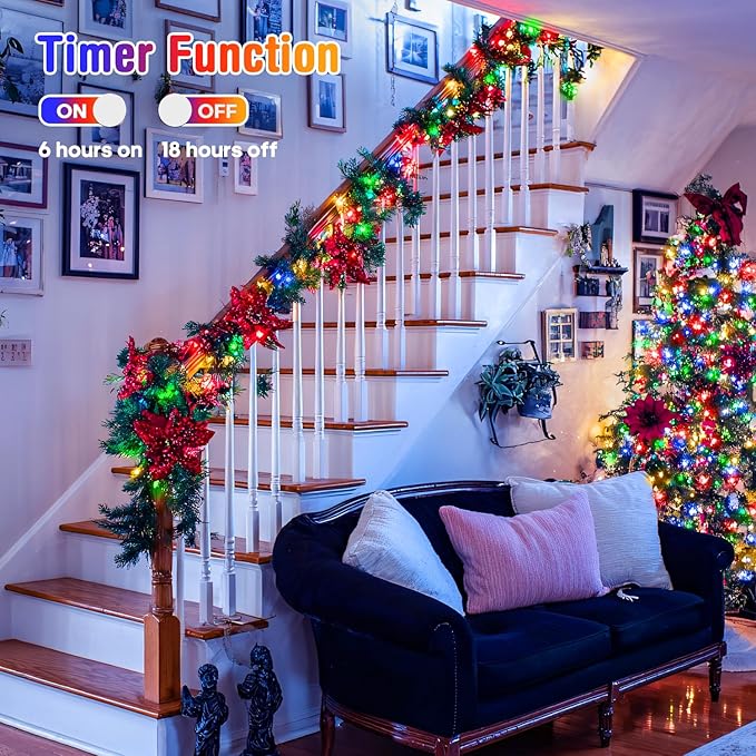 4 Pack Battery Operated Christmas Lights, 50 LEDs 16.5ft Multi Colored String Lights Outdoor Waterproof, Green Wire Battery Powered Twinkle Lights for Tree Wreath Christmas Decorations
