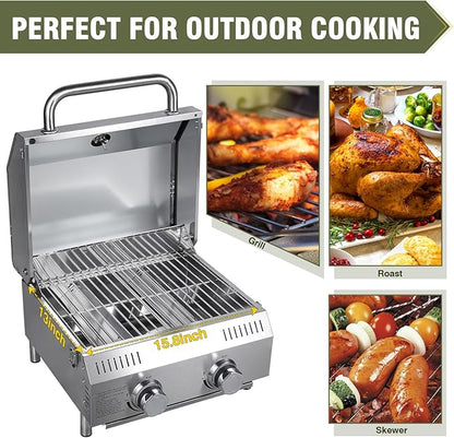 Bestfire Tabletop Gas Grill 2 Burners, 20,000 BTUs Stainless Steel Portable Propane Grill with Legs for Outdoor Patio Backyard Camping, Tailgating, and RV Trips
