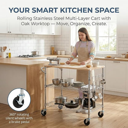 Finnhomy 3-Tier Rolling Kitchen Cart with 18" D x 36" W Oak Wood Tabletop, Kitchen Island Cart with 4" Wheels and Slider Shelf, Microwave Cart & Coffee Cart with Hooks for Dining Room, Chrome