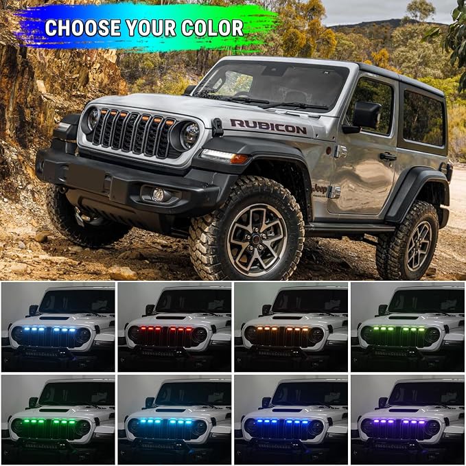 RGB LED Grille Lights Compatible with 2024 2025 Jeep Wrangler JL JLU JT Original Factory Grille, RGB Adjustable Atmosphere Exterior Grill Lights Remote APP Control, 6PCS