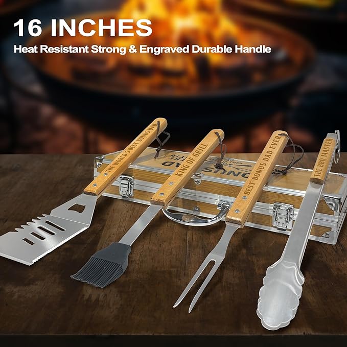Bonus Dad Gifts from Bonus Daughter Fathers Day, Heavy Duty Wooden BBQ Grilling Accessories Kit for Backyard, Thick Stainless Steel Grill Utensils with Non-Slip Handle Tools in Portable Bag