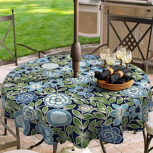 Outdoor/Indoor Round Tablecloth with Umbrella Hole Zipper, Decorative Circular Table Cover for Home Garden, 60 Inch, Azure Bloom
