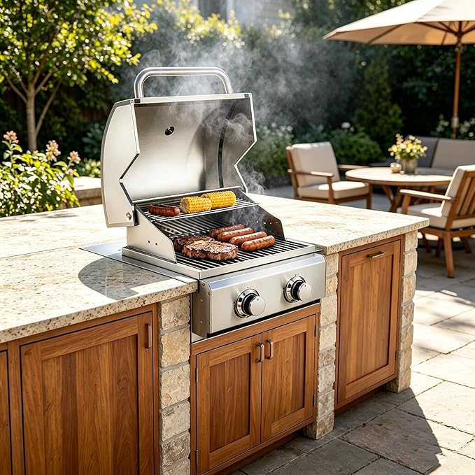 2-Burner Built in Grill, Stainless Steel Propane Grill with Drawer-Style Oil Drip Tray, 20,000 BTU for Patio Backyard Parties Barbecue