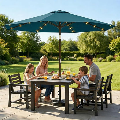 10FT Solar Lighted Patio Umbrella, Outdoor Table Market Umbrellas with Push Button Tilt and Crank, 32 LED Lights, 8 Sturdy Ribs, UV-Resistant for Deck, Garden, Pool