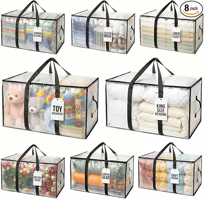 ClearSpace Oversized Moving Bags or Storage Bag – Large Moving Boxes with Backpack Straps, Zippers & Handles – Heavy-Duty Packing Bags for Moving, College Dorm, Christmas Decorations, 8 Pack.