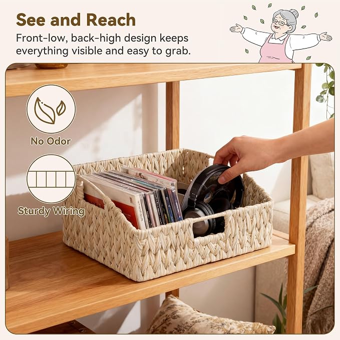 GRANNY SAYS Wicker Storage Baskets for Shelves, Large Wicker Basket with Handles, Trapezoid Woven Baskets for Storage, Decorative Basket for Home Decor, Butter Milk