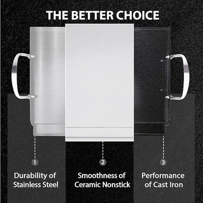 Utheer Stainless Steel Griddle for Gas Grill, Nano Ceramic Nonstick 17 x 13 | For Gas Grill, Charcoal, Oven, Stove Top, Non-Toxic, PFAS/PFOA/PTFE Free, Oven Up to 500°F, For BBQ, Camping & Kitchen