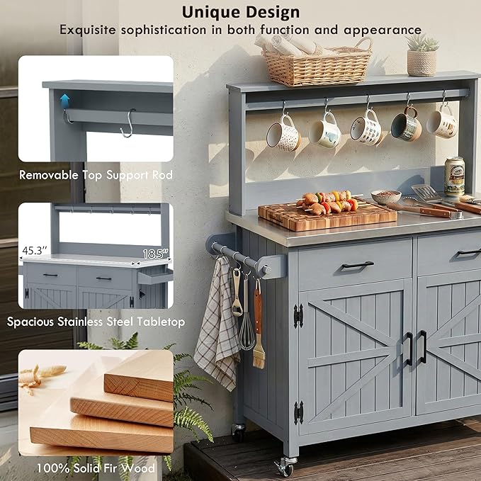 Outdoor Kitchen Island with High Shelf, 53.2" Potting Bench Table with Stainless Steel Top, Storage Cabinet & Lockable Wheels, Solid Wood Grill Cart for BBQ Garden