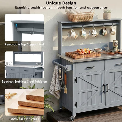Outdoor Kitchen Island with Stainless Steel Top, 54.1 Inch | Solid fir wood frame, 201 stainless steel surface, high shelf, 10 hooks, side racks, lockable wheels, for BBQ, patio, garden