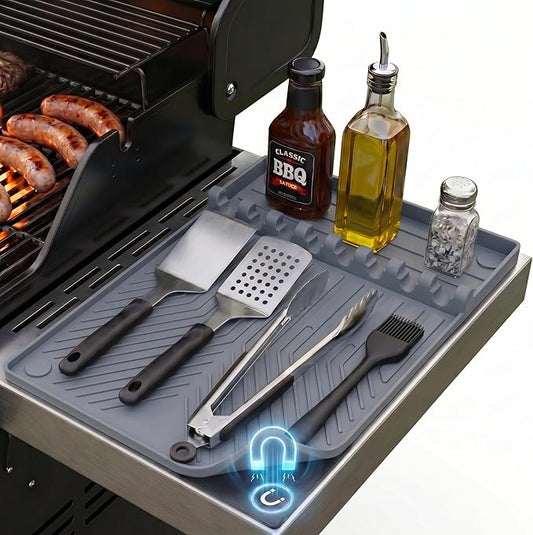 Magnetic Silicone Side Shelf Mat for Blackstone Griddle - 4 Corner Magnets, Extra Thick, Linear Drip Channels, 446°F Heat Resistant, 16"x11.5", Fits Weber Traeger Pit Boss, BBQ Gift for Men