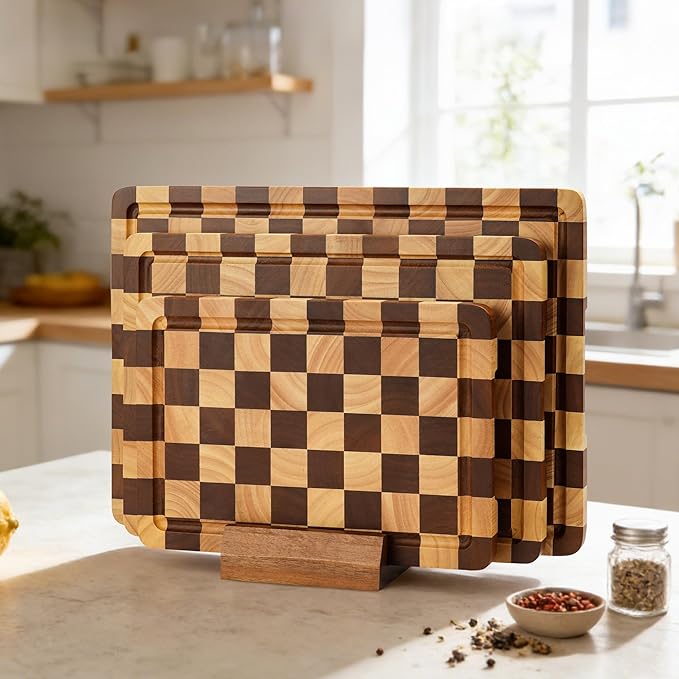 Checkered Cutting Board Set, 3-Piece Wood Checkerboard Cutting Boards for Kitchen with Stand, Chopping Board Set with Juice Groove & Handle for Meat, Vegetables, Cheese & Serving