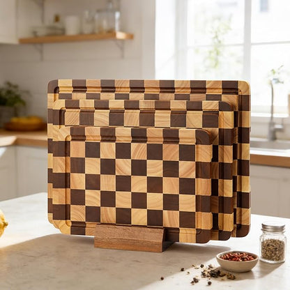 Checkered Cutting Board Set, 3-Piece Wood Checkerboard Cutting Boards for Kitchen with Stand, Chopping Board Set with Juice Groove & Handle for Meat, Vegetables, Cheese & Serving