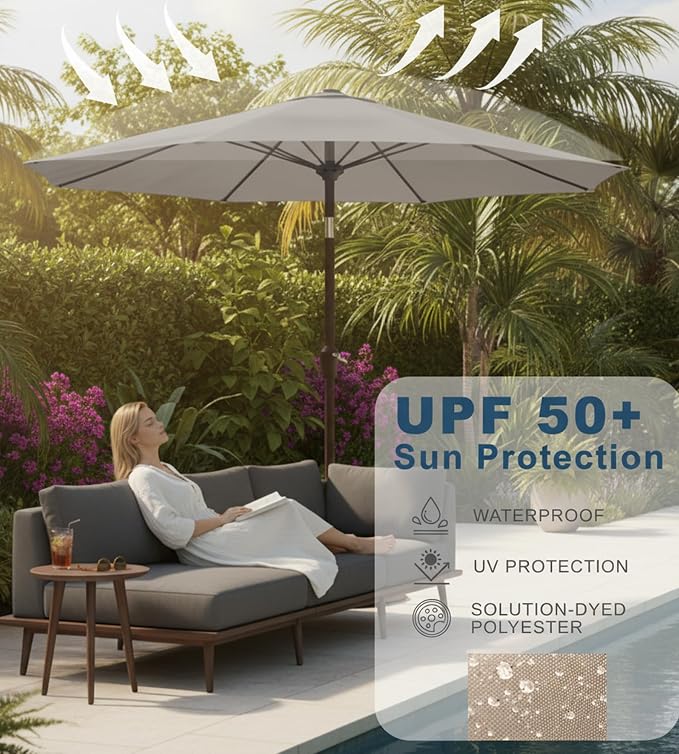 9FT Auto-Tilt Patio Umbrella|Outdoor Market Table Umbrella with 8 Fiberglass Ribs for Pool,Deck&Backyard