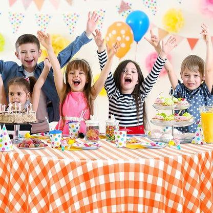 3Pcs Orange Gingham Tablecloths Round, Fall Checkered Table Cover 54x108 In | Orange and White Checkered Round Tablecloths Disposable Waterproof for Fall Picnic Halloween Barbecue Birthday Outdoor Party
