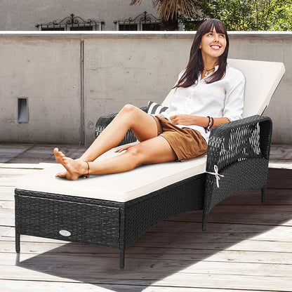 HAPPYGRILL Patio Chaise Lounge Chair Outdoor Rattan Wicker Recliner with Thick Cushion, Lumbar Pillow, Adjustable Backrest for Garden Porch Lawn Poolside
