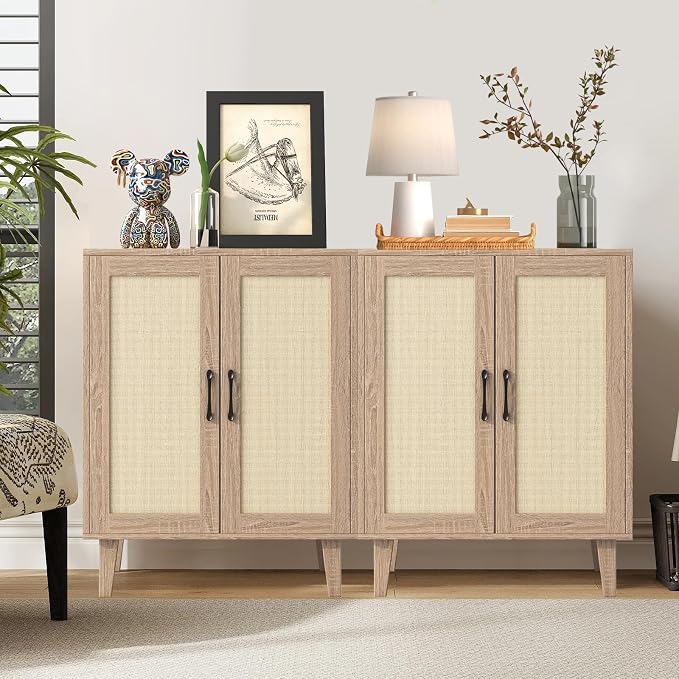 Panana Buffet Cabinet Sideboard with Rattan Decorated Doors Kitchen Storage Cupboard Accent Cabinet (Natural Wood)