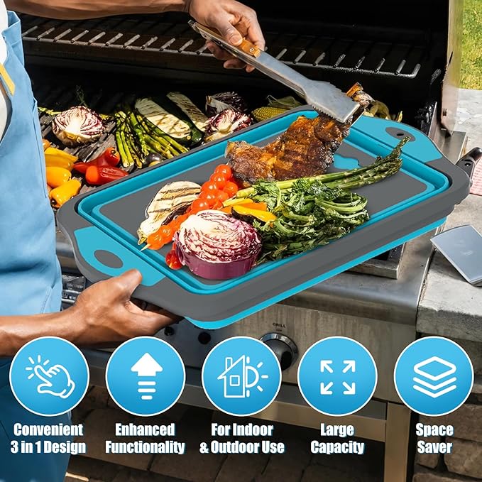HI NINGER BBQ Prep Tub with Lid, Collapsible Camping Sink with Colander, Cutting Board & Knife Set for Grilling, Smoking & Outdoor Cooking, Collapsible Wash Basin for RV Camping Essentials