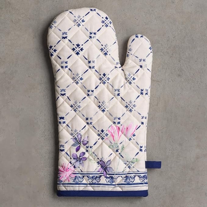 Maison d'Hermine Oven Gloves 100% Cotton Oven Mitt 7" x 13" with Loop Heat Resistant BBQ Cooking Gloves Baking Grilling Kitchen Hotel Home Farmhouse Spring Summer (Pack of 1, Faience)