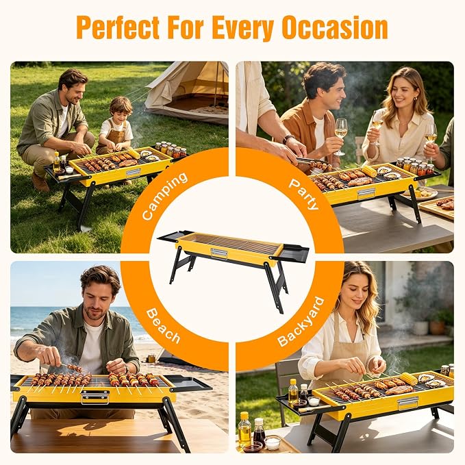 Portable Charcoal Grill, Stainless Steel Camping Tabletop BBQ Grill with Foldable Side Shelves, Compact Tabletop Barbecue with Carry Handle for Outdoor Picnic Backyard Beach Travel