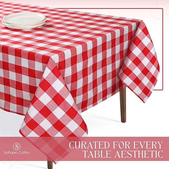 Buffalo Plaid Check 52"x70" Tablecloth 100% Cotton Washable Rustic Rectangle Table Cover Decorative for Gifts, Dining, BBQ, Buffet Parties & Camping - Red
