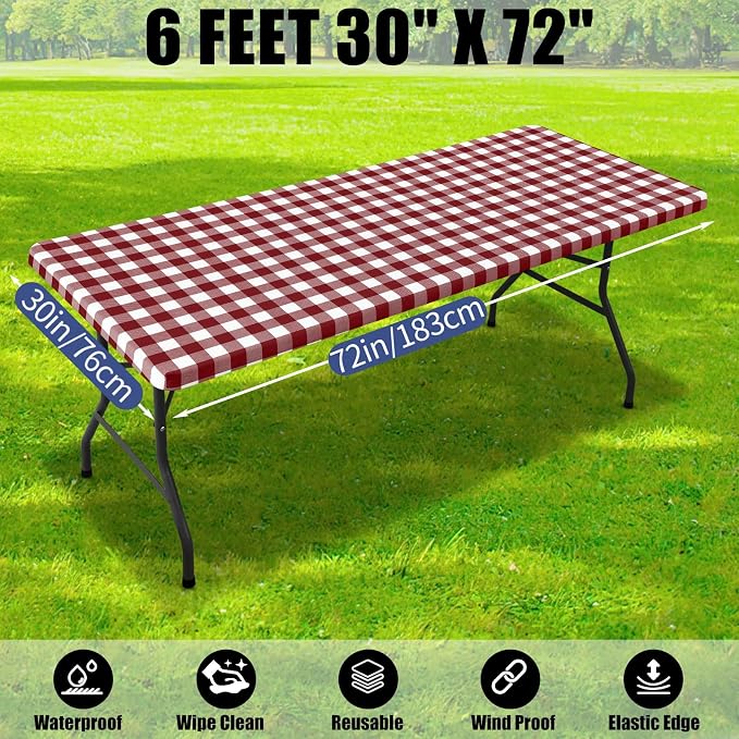 Smiry Picnic Table Cloth 2 Pack, Waterproof Elastic Fitted Tablecloths for 6FT Rectangle Tables, Washable Polyester Buffalo Plaid Tablecloth for Camping & Outdoor (Burgundy & White, 30" x 72")