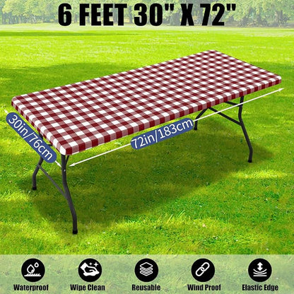 Smiry Picnic Table Cloth 2 Pack, Waterproof Elastic Fitted Tablecloths for 6FT Rectangle Tables, Washable Polyester Buffalo Plaid Tablecloth for Camping & Outdoor (Burgundy & White, 30" x 72")