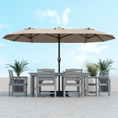 Kingdura 15ft Large Patio Umbrella with Base Included, Double-Sided Rectangle Outdoor Table Umbrella with 12 Reinforced Ribs, Crank Lift for Market Pool Deck Backyard, Beige
