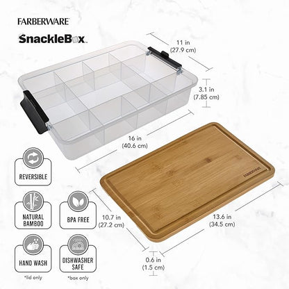 Farberware Build Snacklebox Serving Tray with Locking Bamboo Cutting Board Lid, Portable Storage Container with Compartments for Charcuterie, and More, Natural (Pack of 4)