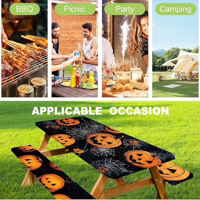 ANNA QUEEN Halloween Pumpkin 6FT Picnic Table Cover Set, Spooky 3PCS 72"x30" Jack-o'-Lantern Tablecloth & Bench Covers, Waterproof Camping Outdoor Decor